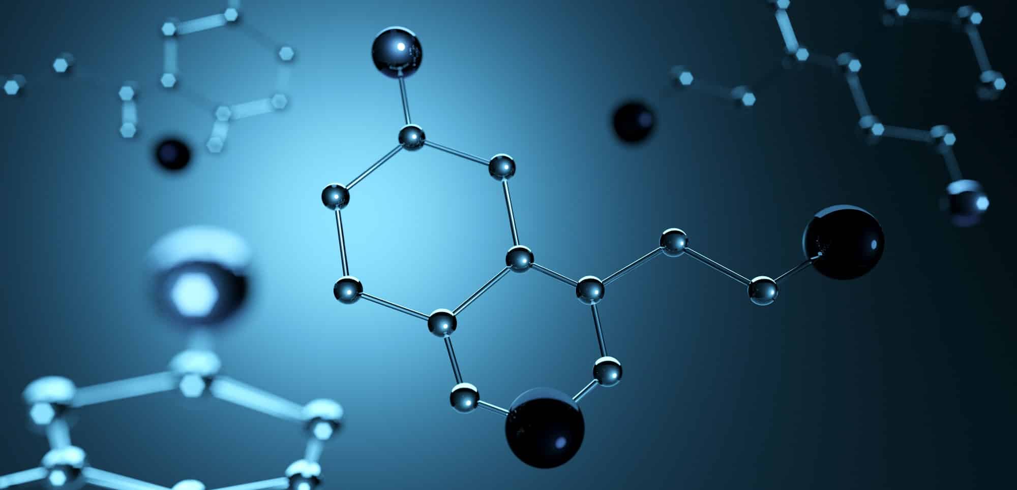 Ilustración 3d. Modelo de molécula de serotonina, la hormona de la felicidad